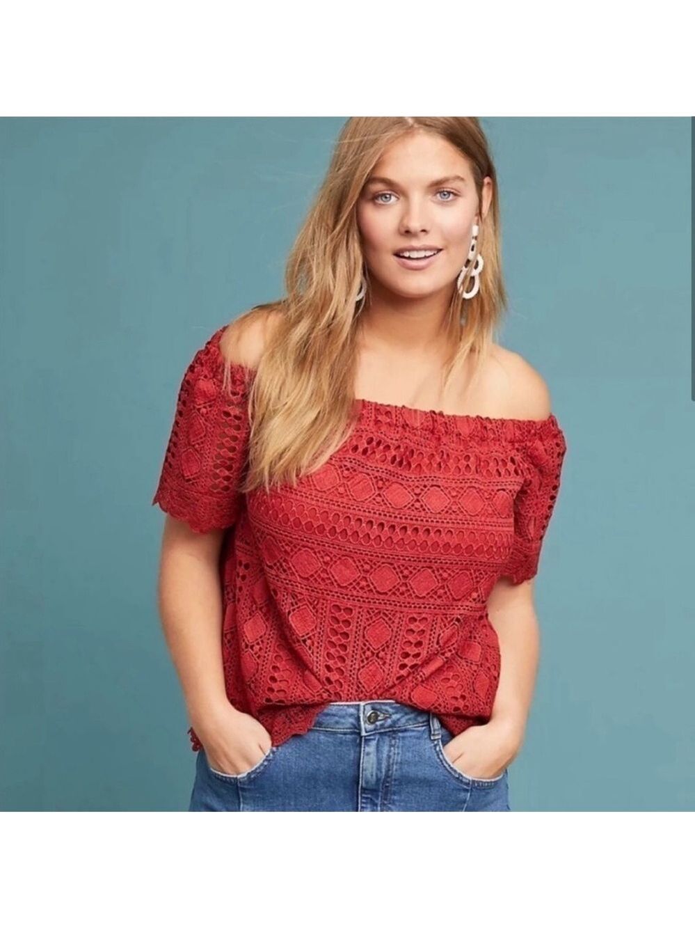 Sunday In Brooklyn Anthropologie Evie Off Shoulder Eyelet Lace Top Rust Large